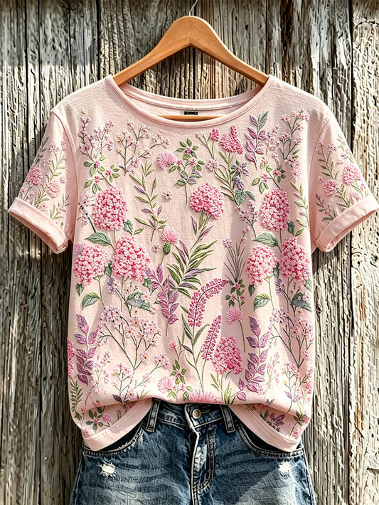Women's Pink Floral Pattern Print Casual T-shirt