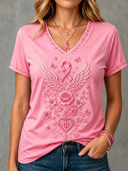 Women's Pink Floral Print Breast Cancer Awareness Support V-Neck Tee