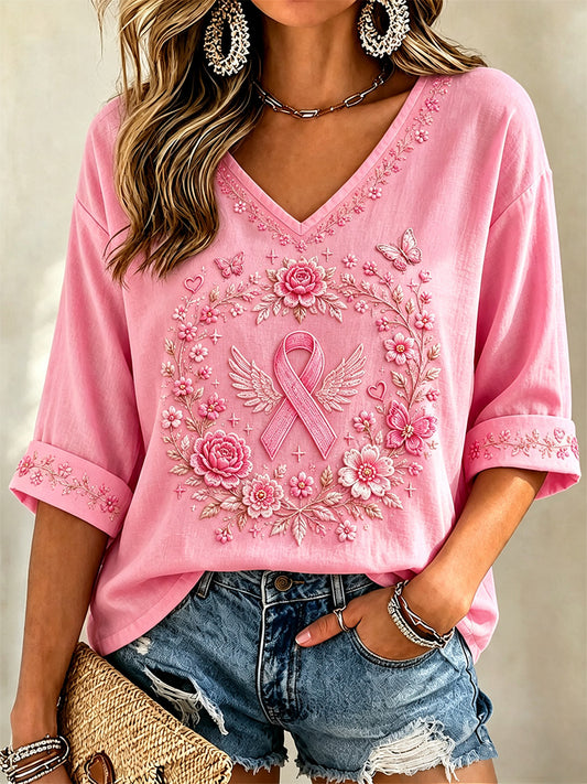 Women's Pink Floral Print Breast Cancer Awareness Support Half-Sleeves V-Neck Tee