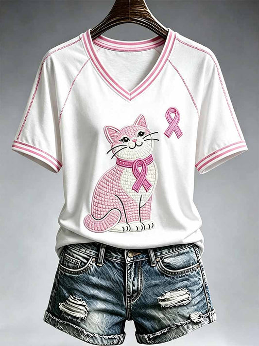 Women's Cat Pattern Breast Cancer Awareness Printed T-Shirt