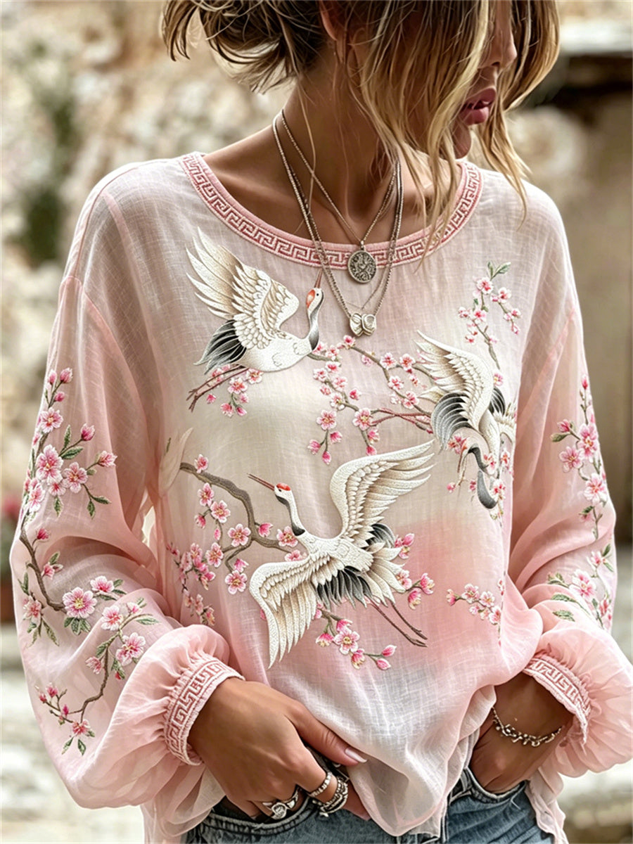 Women's Classy Flying Cranes & Cherry Blossom Japanese Art Print Cotton-Linen Shirt