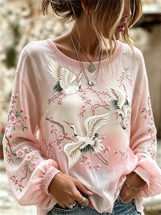 Women's Classy Flying Cranes & Cherry Blossom Japanese Art Print Cotton-Linen Shirt
