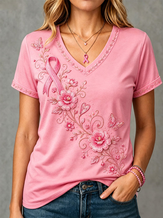 Women's Pink Floral Print Breast Cancer Awareness Support V-Neck Tee