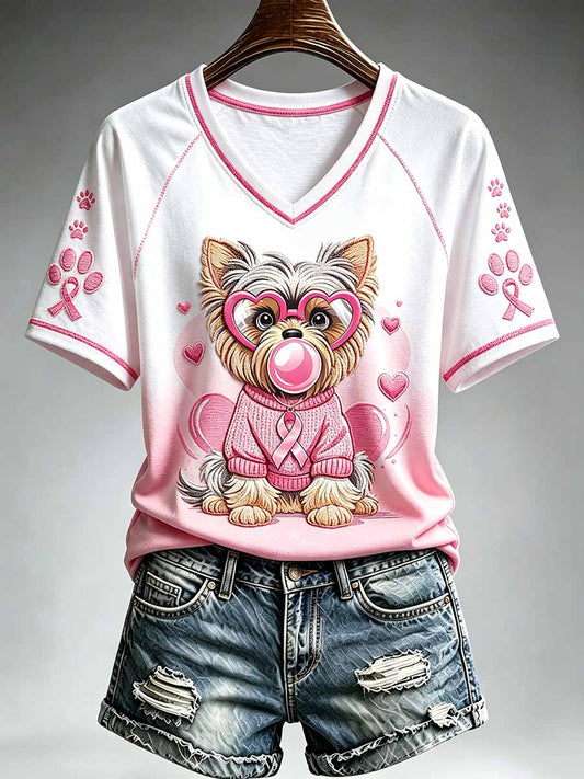 Women's Cat Pattern Breast Cancer Awareness Printed T-Shirt