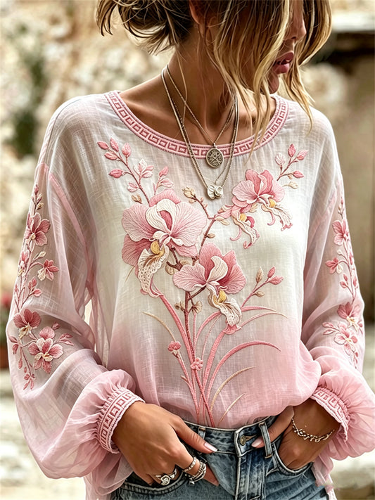 Women's Classy Orchid Flowers Japanese Art Print Gradient Cotton-Linen Shirt