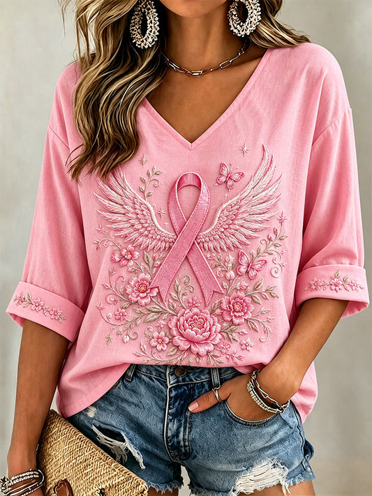 Women's Pink Floral Print Breast Cancer Awareness Support Half-Sleeves V-Neck Tee