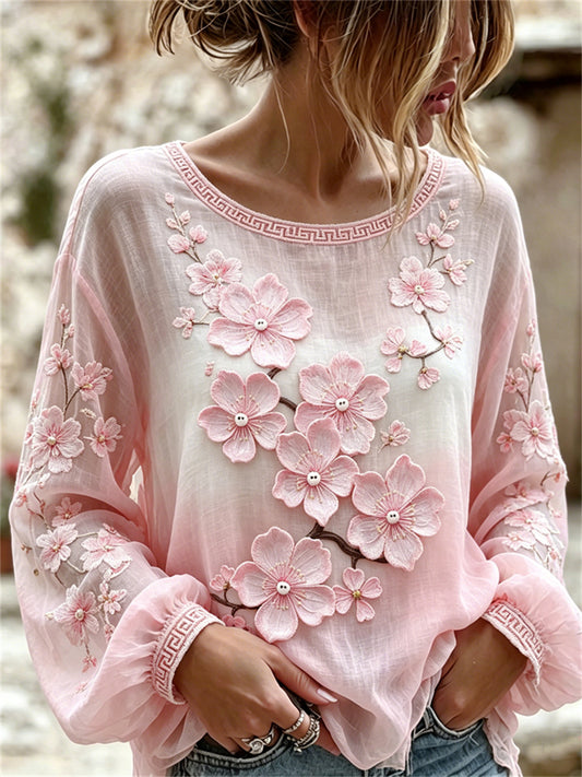 Women's Classy Cherry Blossom Japanese Art Print Cotton-Linen Shirt