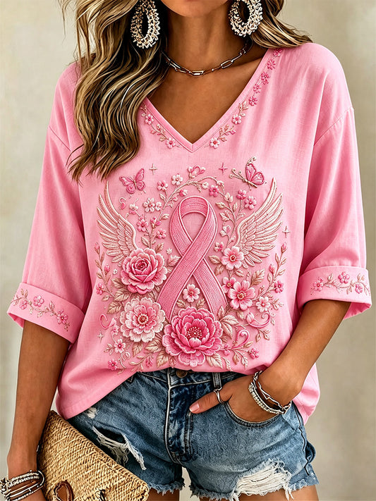 Women's Pink Floral Print Breast Cancer Awareness Support Half-Sleeves V-Neck Tee