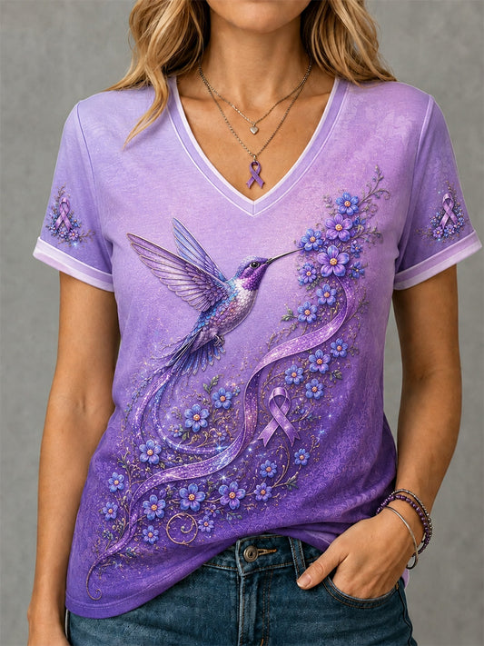 Women's Purple Floral & Hummingbird Print Alzheimer's Awareness Support V-Neck Tee