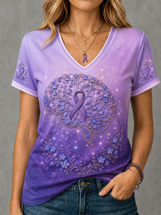 Women's Purple Floral & Brain Print Alzheimer's Awareness Support V-Neck Tee
