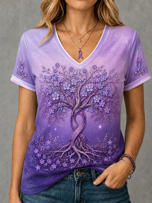 Women's Purple Floral & Tree Of Life Print Alzheimer's Awareness Support V-Neck Tee