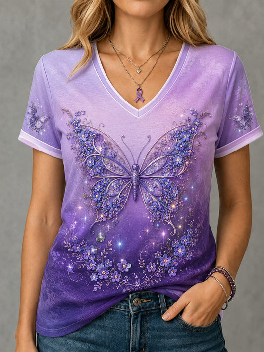 Women's Purple Floral & Butterfly Print Alzheimer's Awareness Support V-Neck Tee
