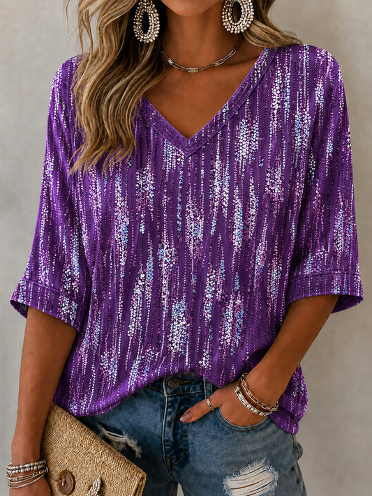 Women's Purple Art Print Alzheimer's Awareness Support Mid-length Sleeves V-Neck T-Shirt