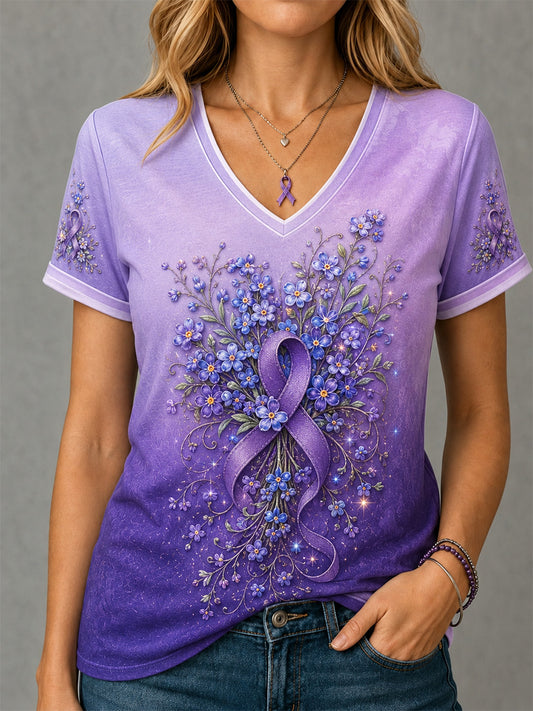 Women's Purple Floral Print Alzheimer's Awareness Support V-Neck Tee