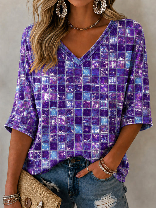 Women's Purple Art Print Alzheimer's Awareness Support Mid-length Sleeves V-Neck T-Shirt
