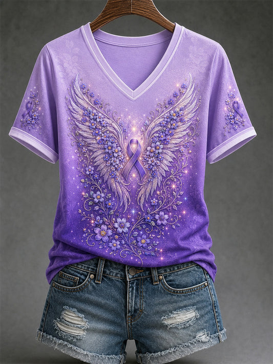 Women's Purple Floral Print Alzheimer's Awareness Support V-Neck Tee