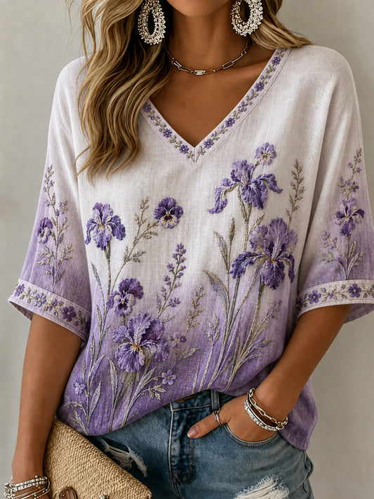 Women's Purple Floral Art Print Alzheimer's Awareness Support  Linen V-Neck Shirt