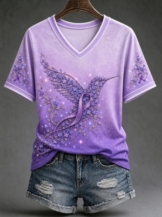 Women's Purple Floral & Hummingbird Print Alzheimer's Awareness Support V-Neck Tee