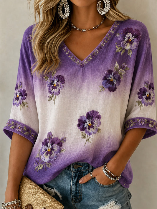Women's Purple Floral Art Print Alzheimer's Awareness Support  Linen V-Neck Shirt