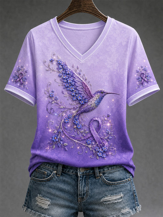 Women's Purple Floral & Hummingbird Print Alzheimer's Awareness Support V-Neck Tee