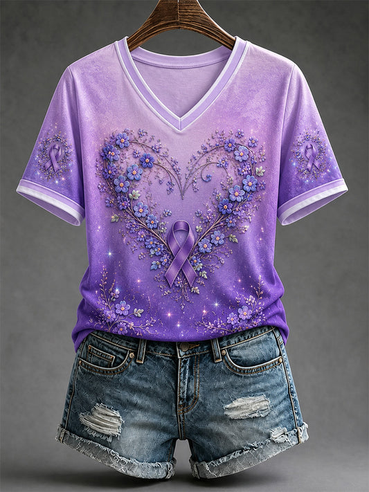 Women's Purple Floral Print Alzheimer's Awareness Support V-Neck Tee