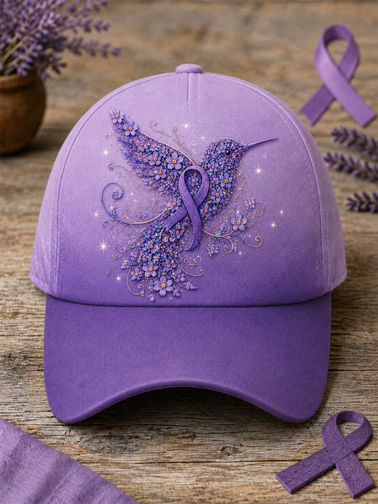Unisex Purple Floral & Hummingbird Print Alzheimer's Awareness Support Hat