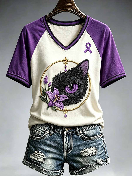 Women's Cat Pattern Alzheimer's Support Printed T-Shirt