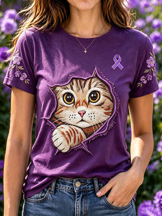 Women's Cat Pattern Alzheimer's Support Printed T-Shirt