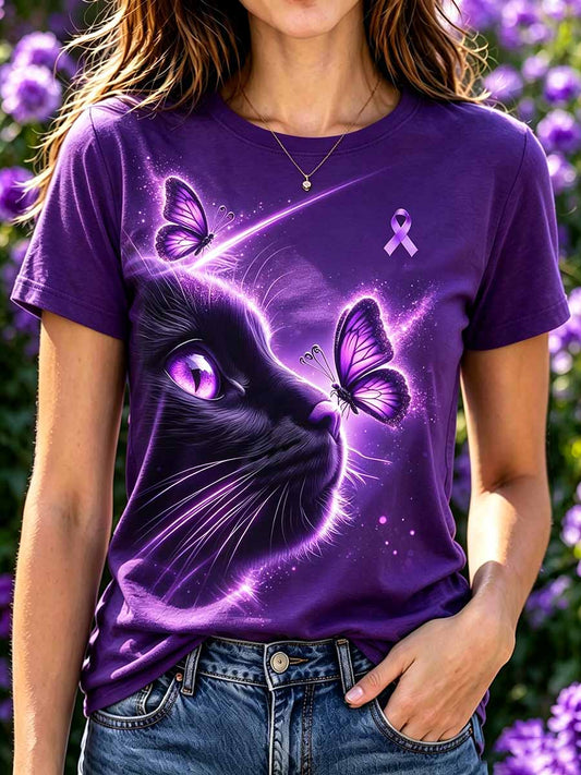 Women's Cat Pattern Alzheimer's Support Printed T-Shirt