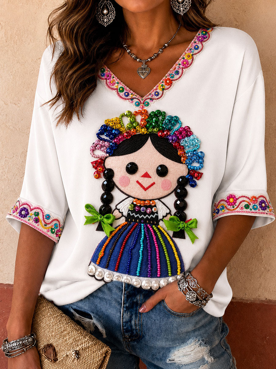 Women's Mexico Guelaguetza Lele Doll Art Printed T-shirt