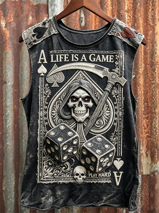 Men's Life Is A Game Play Hard Grim Reaper Dice & Ace of Spades Print Racket Vest