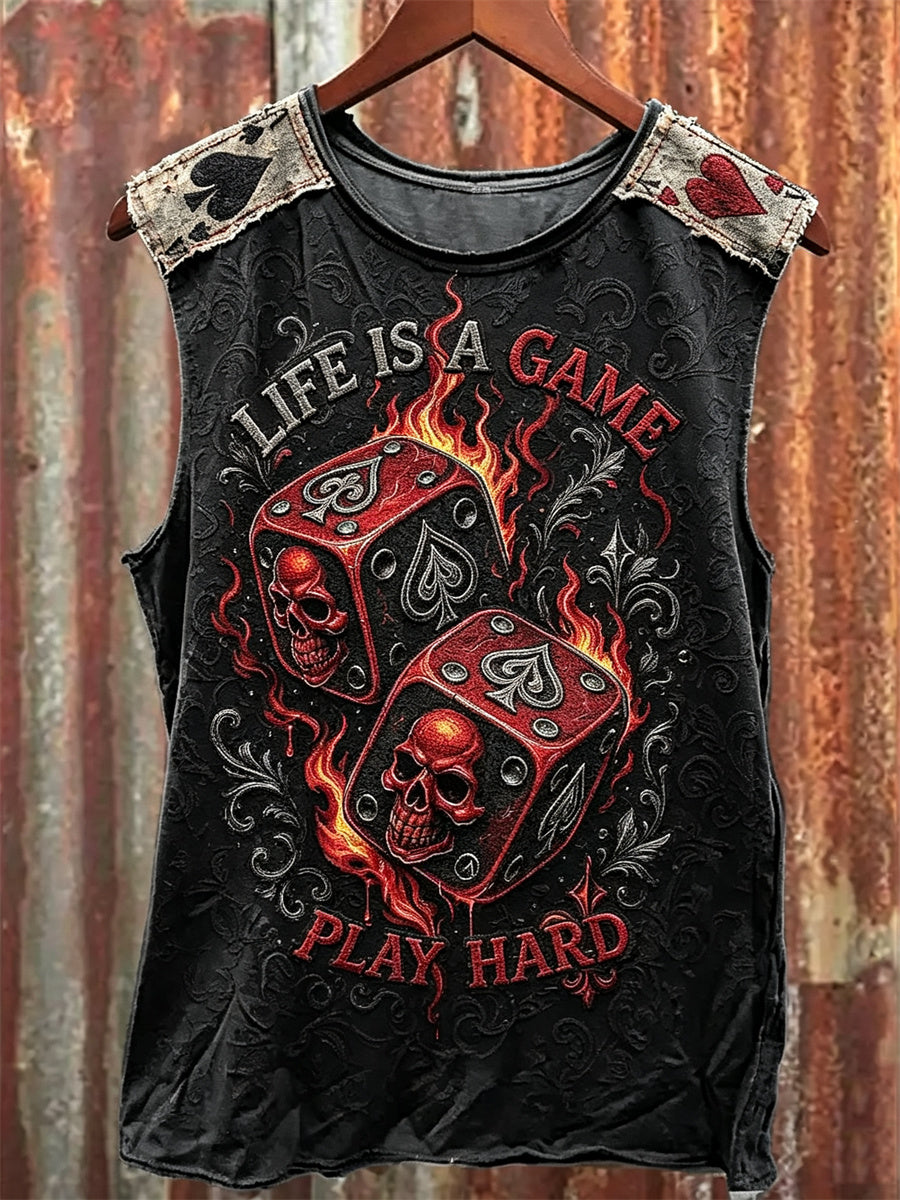Men's Life Is A Game Play Hard Skull Dice Ace of Spades Print Racket Vest