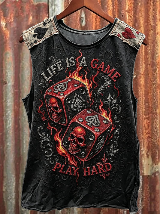 Men's Life Is A Game Play Hard Skull Dice Ace of Spades Print Racket Vest