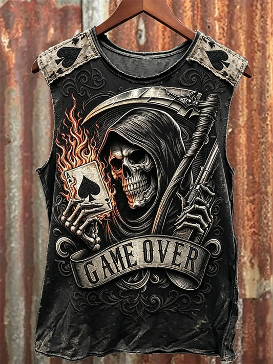 Men's Game Over Grim Reaper Ace of Spades Print Racket Vest