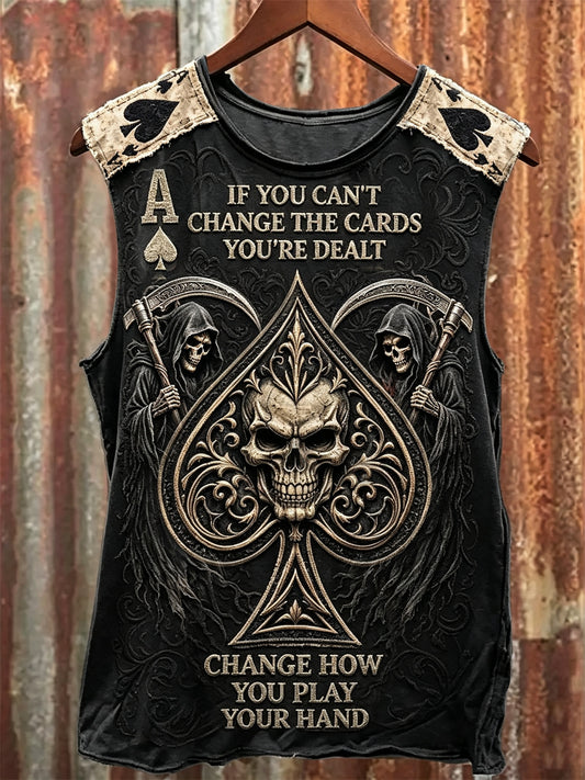 Men's If You Can't Change the Cards Change How You Play Your Hand Skull Ace of Spades Print Racket Vest