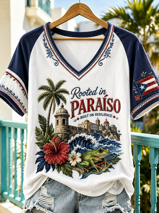 Women's Puerto Rico Printed V-neck off-shoulder short-sleeved T-shirt