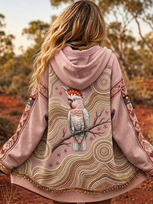 Women's AU Cockatoo Aboriginal Art NAIDOC Week Printed  Zip-Up Hoodie