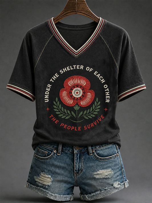 Women's UNDER THE SHELTER OF EACH OTHER THE PEOPLE SURVIVE V-neck T-shirt