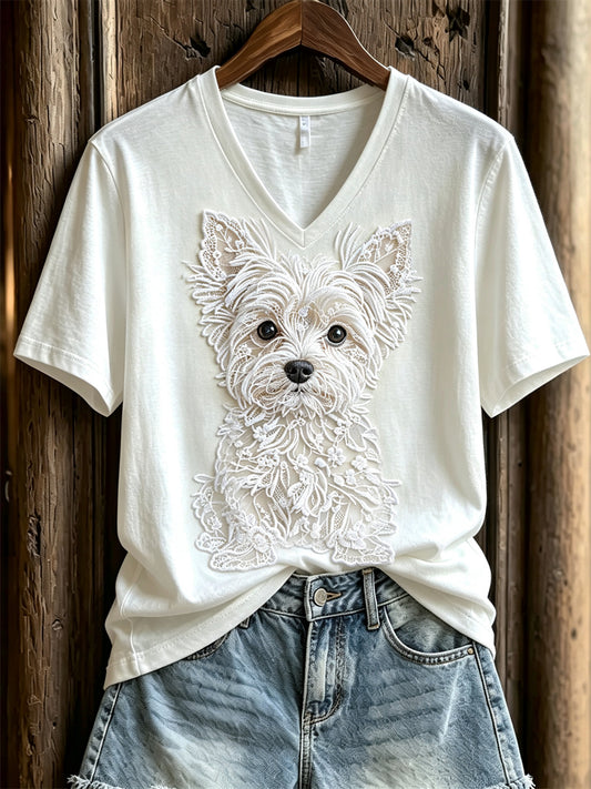 Women's Lovely Yorkshire Terrier Dog Lace Art Print short-sleeved T-shirt