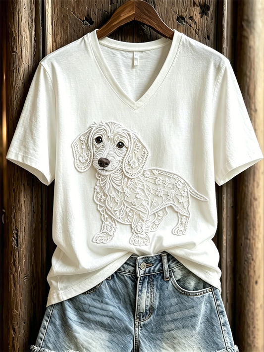 Women's Lovely Dachshund Dog Lace Art Print short-sleeved T-shirt