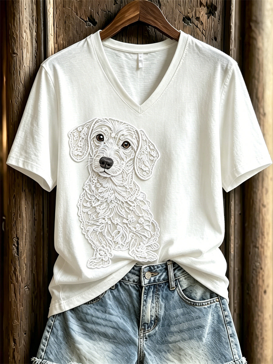 Women's Lovely Dachshund Dog Lace Art Print short-sleeved T-shirt