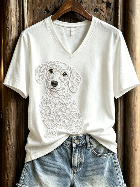 Women's Lovely Dachshund Dog Lace Art Print short-sleeved T-shirt