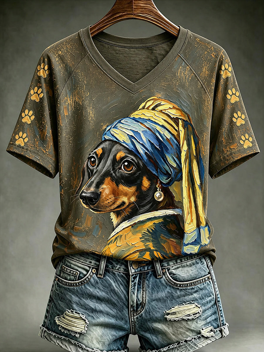 Women's Vintage Cute Dog V-neck Off-shoulder Short-sleeved T-shirt