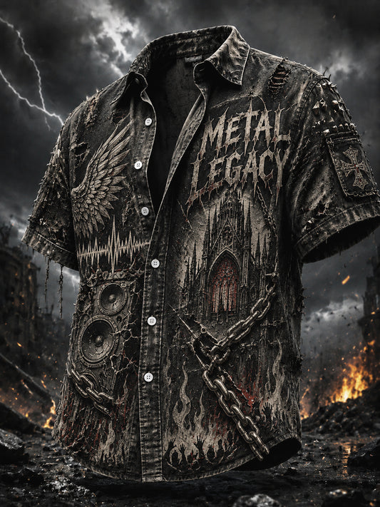 Vintage-Style Distressed Heavy Metal Rock Casual Shirt