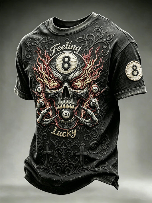 Men's Feeling Lucky 8 Ball Skull on Flame Print short sleeves t-shirt