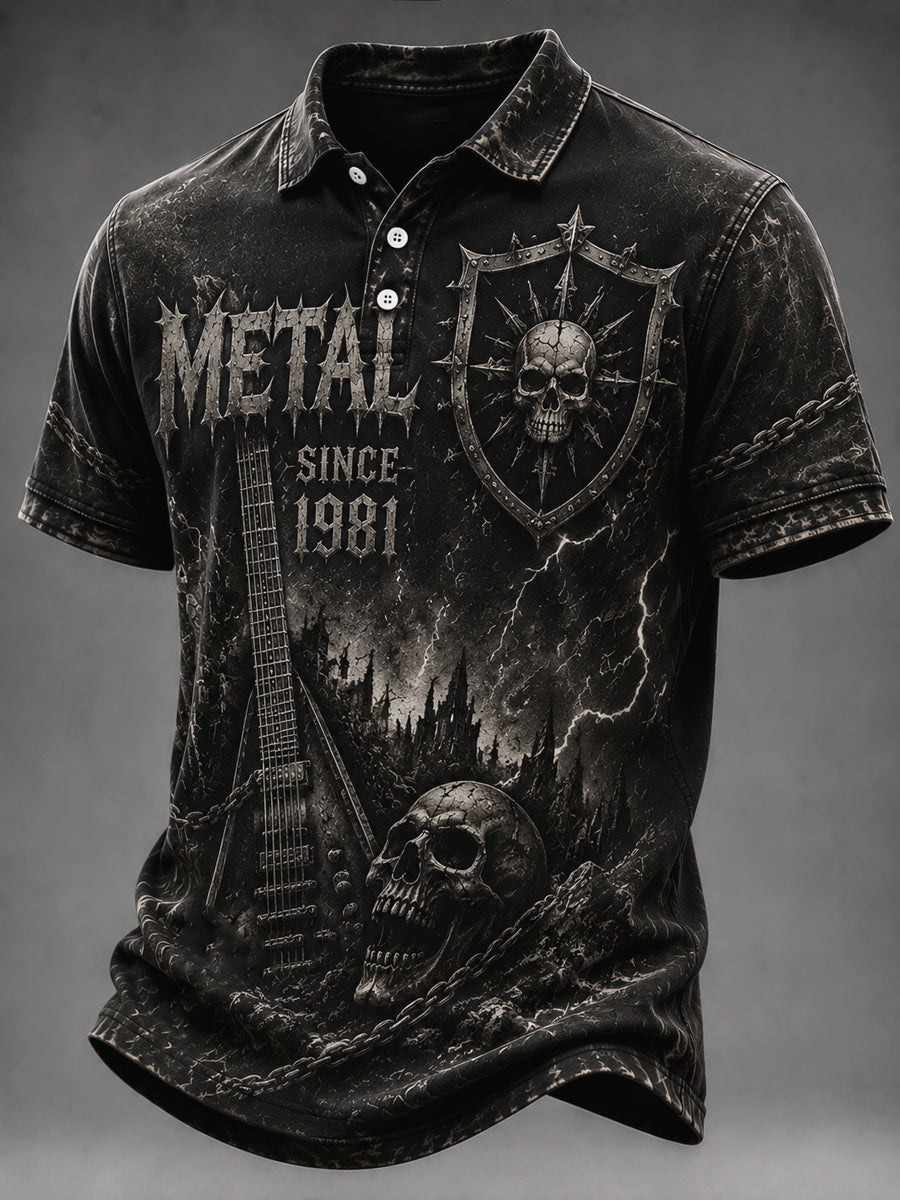 Vintage Washed Heavy Metal Rock Fan Skull Polo Shirt
