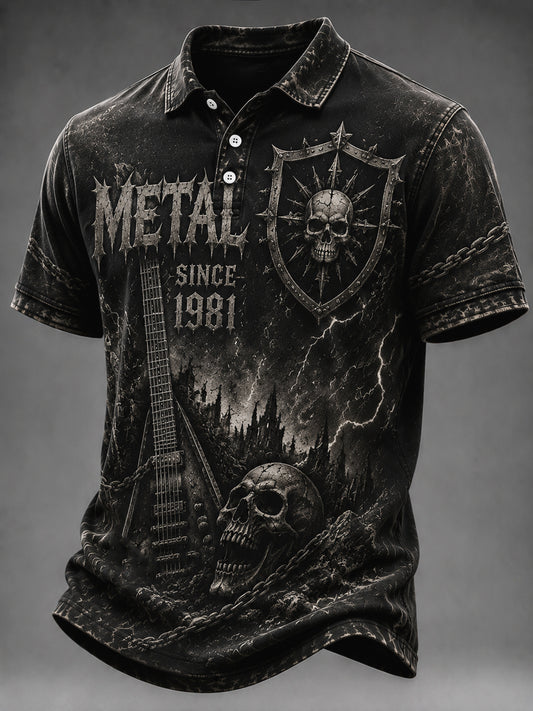 Vintage Washed Heavy Metal Rock Fan Skull Polo Shirt