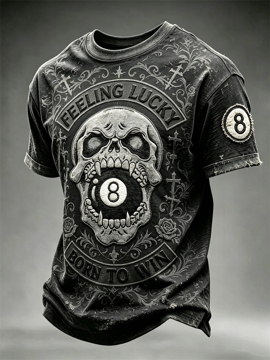 Men's Feeling Lucky Born to Win 8 Ball Skull Gothic Print short sleeves t-shirt