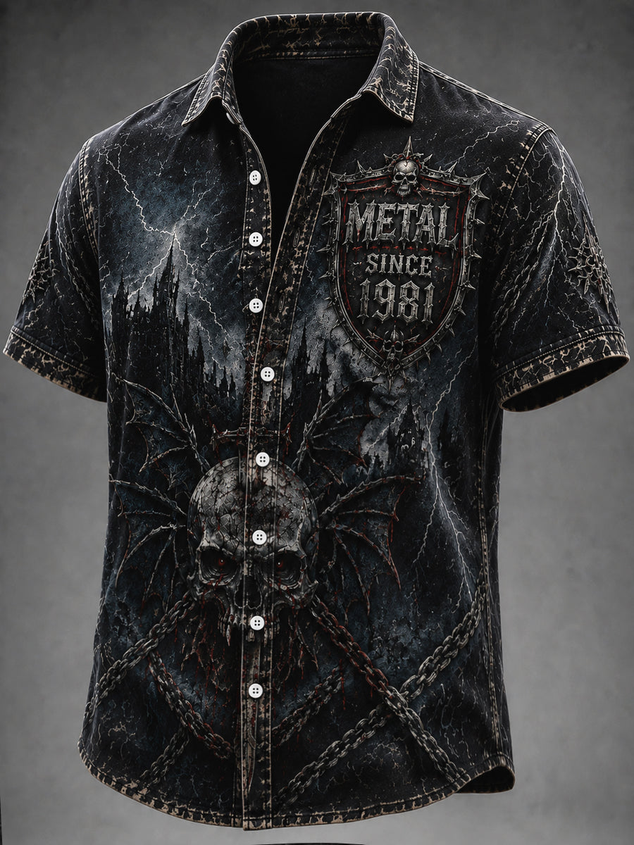 Vintage Distressed Heavy Metal Rock Lightning Skull Casual Shirt