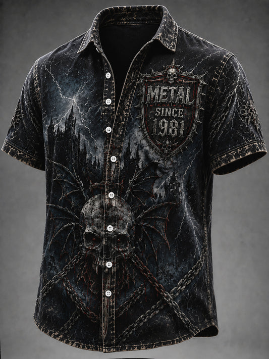 Vintage Distressed Heavy Metal Rock Lightning Skull Casual Shirt